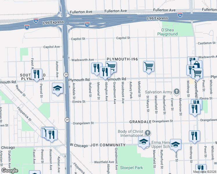 map of restaurants, bars, coffee shops, grocery stores, and more near 16801 Plymouth Road in Detroit