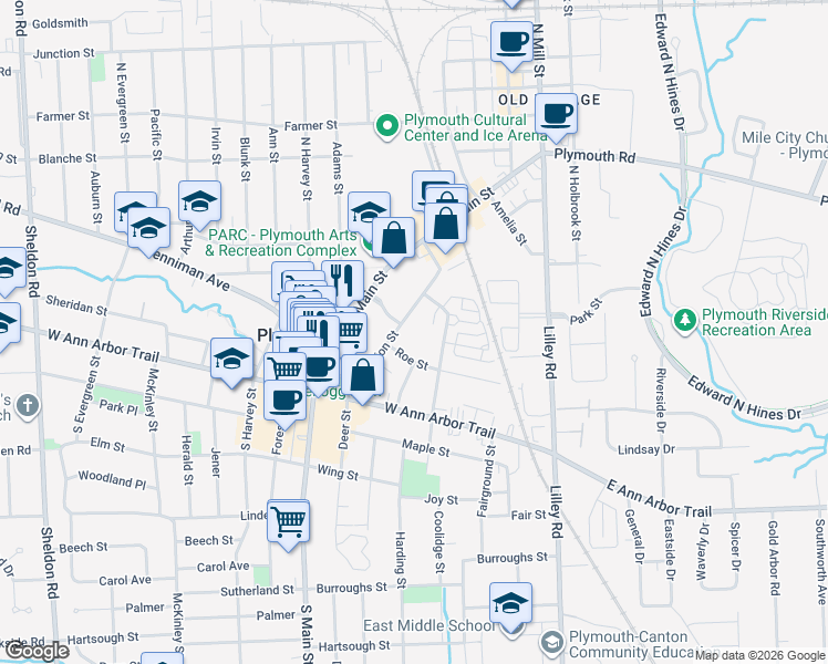 map of restaurants, bars, coffee shops, grocery stores, and more near 168 South Union Street in Plymouth
