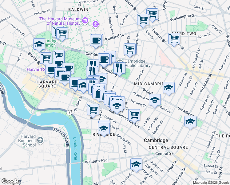 map of restaurants, bars, coffee shops, grocery stores, and more near 4 Trowbridge Place in Cambridge