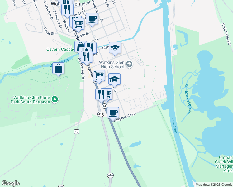 map of restaurants, bars, coffee shops, grocery stores, and more near 612 South Decatur Street in Watkins Glen