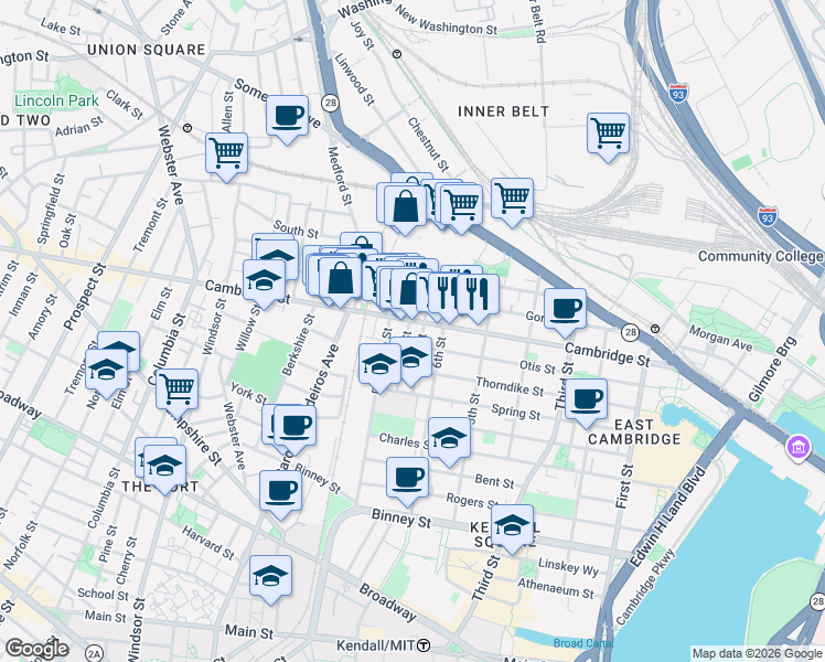map of restaurants, bars, coffee shops, grocery stores, and more near 621 Cambridge Street in Cambridge