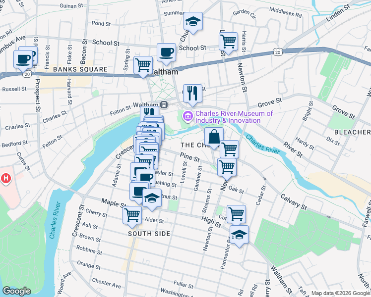 map of restaurants, bars, coffee shops, grocery stores, and more near 11 Cooper Street in Waltham