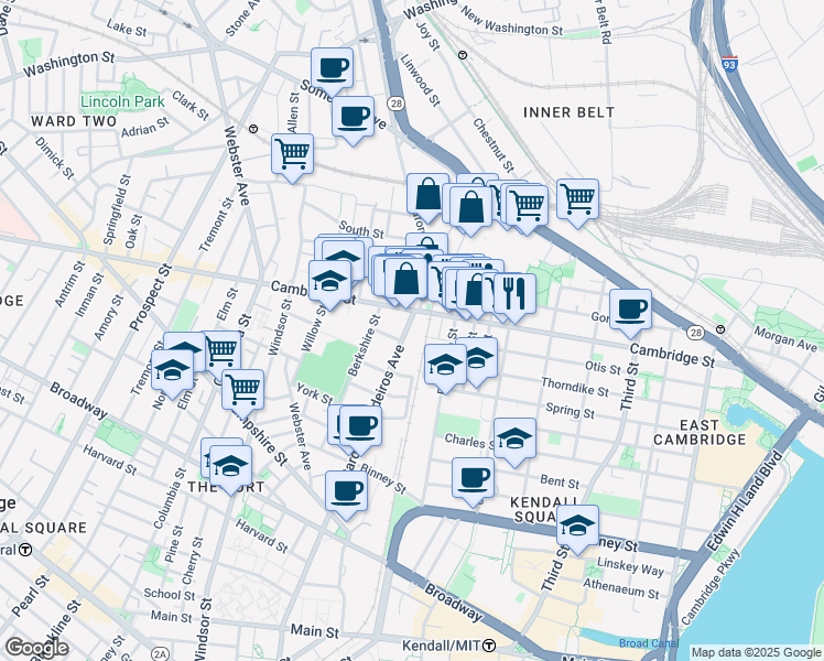 map of restaurants, bars, coffee shops, grocery stores, and more near 723 Cambridge Street in Cambridge