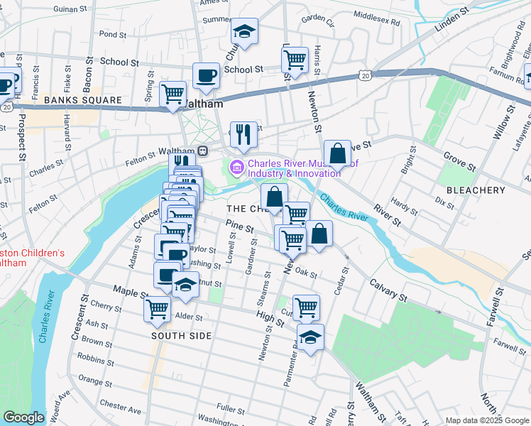 map of restaurants, bars, coffee shops, grocery stores, and more near 169 Elm Street in Waltham
