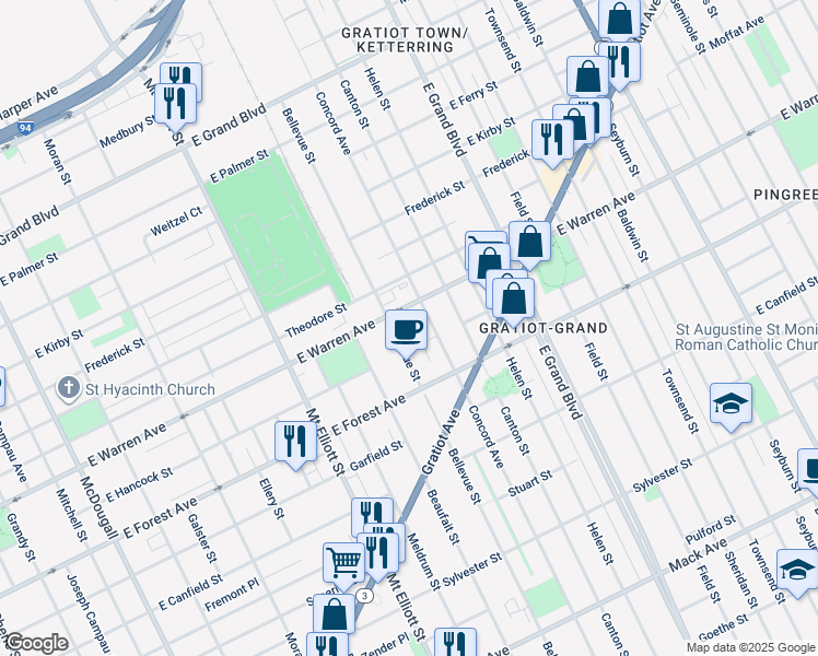 map of restaurants, bars, coffee shops, grocery stores, and more near 5000 Bellevue Street in Detroit