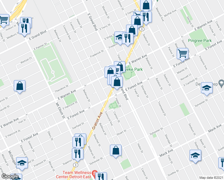 map of restaurants, bars, coffee shops, grocery stores, and more near Gratiot Ave & Helen St in Detroit