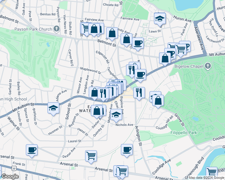 map of restaurants, bars, coffee shops, grocery stores, and more near Irma Avenue in Watertown