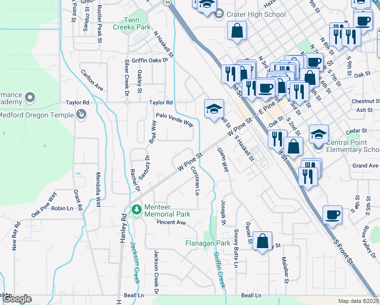 map of restaurants, bars, coffee shops, grocery stores, and more near 531 Palo Verde Way in Central Point