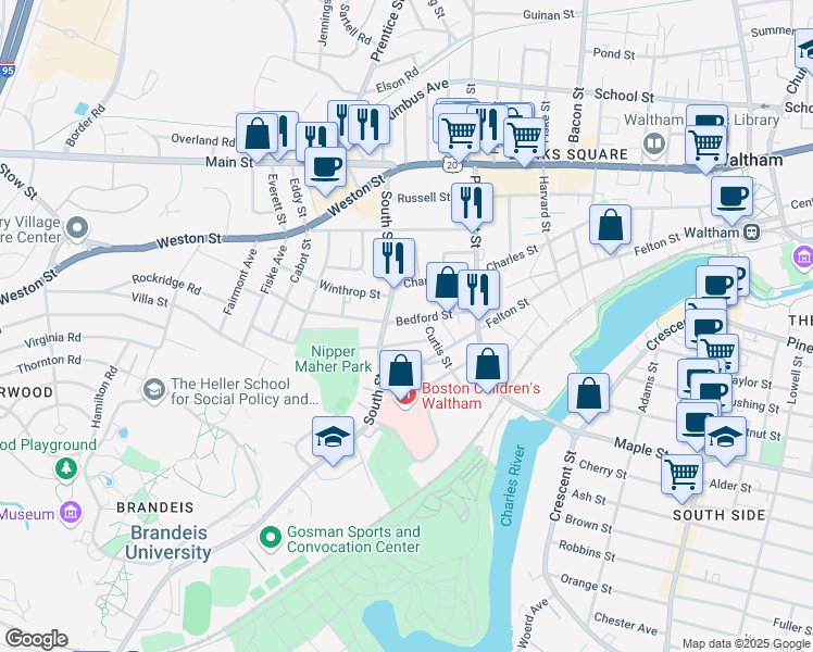 map of restaurants, bars, coffee shops, grocery stores, and more near 108 South Street in Waltham