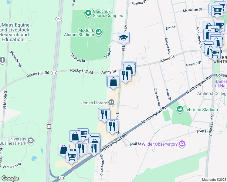 map of restaurants, bars, coffee shops, grocery stores, and more near 55 University Dr in Amherst
