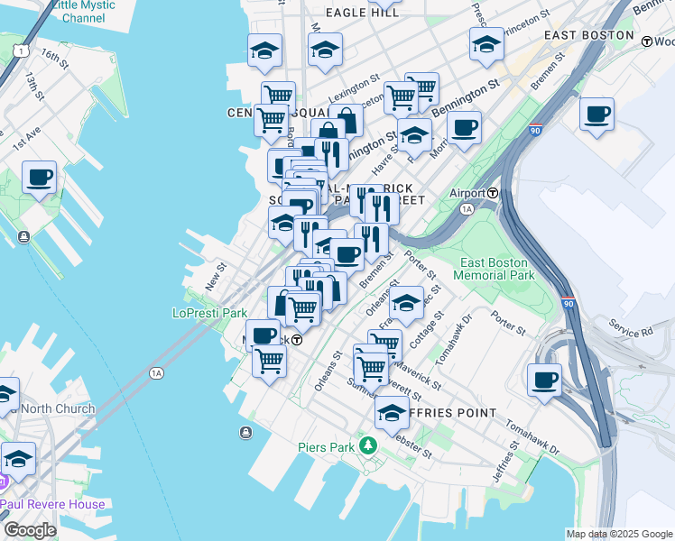 map of restaurants, bars, coffee shops, grocery stores, and more near 37 Gove Street in Boston