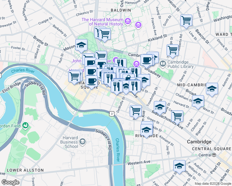 map of restaurants, bars, coffee shops, grocery stores, and more near 44 Bow Street in Cambridge