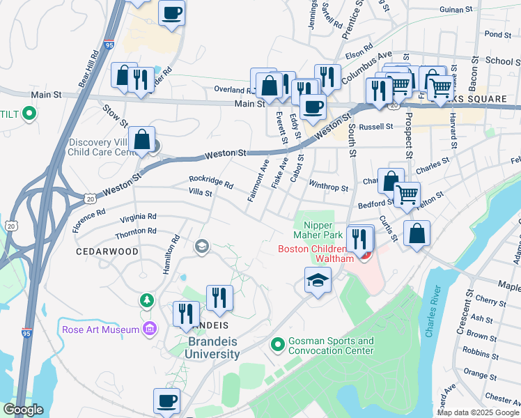 map of restaurants, bars, coffee shops, grocery stores, and more near 85 Fiske Avenue in Waltham