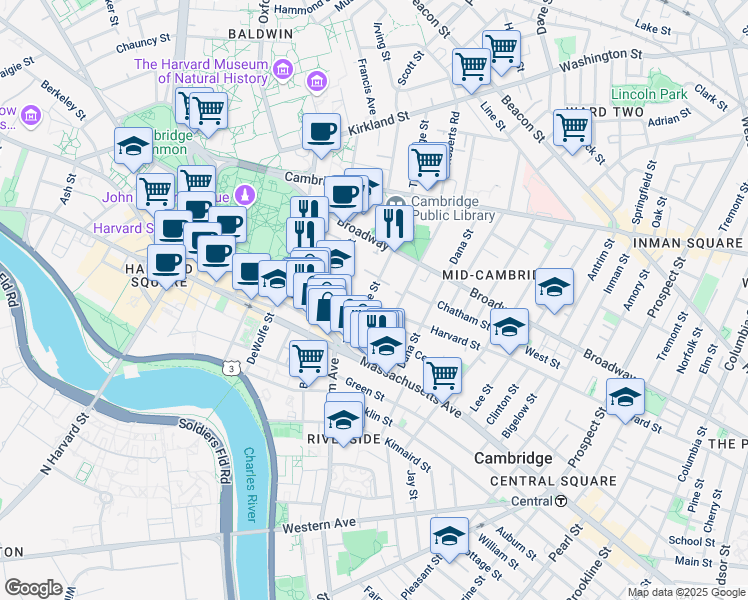map of restaurants, bars, coffee shops, grocery stores, and more near 4 Trowbridge Place in Cambridge