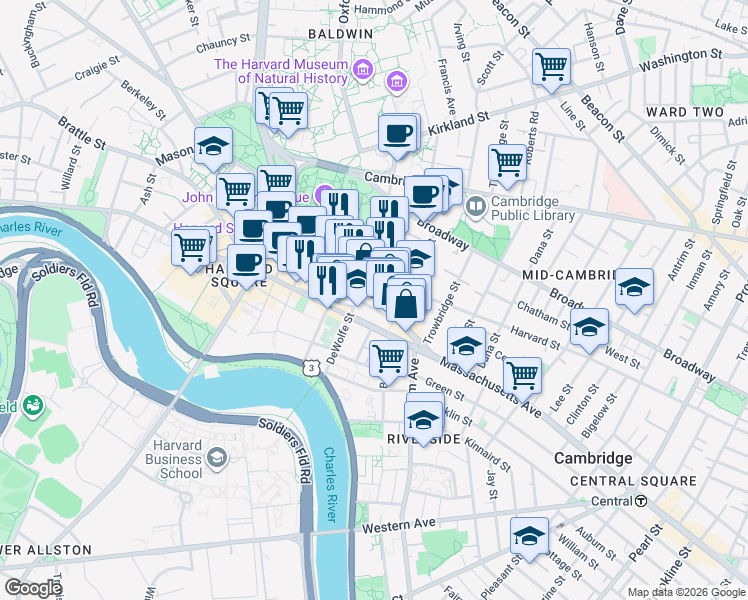 map of restaurants, bars, coffee shops, grocery stores, and more near in Cambridge