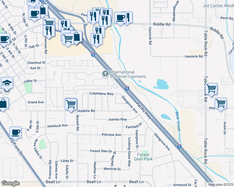 map of restaurants, bars, coffee shops, grocery stores, and more near 875 Columbine Way in Central Point