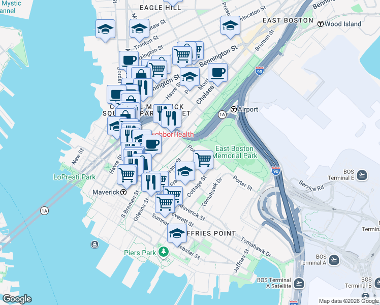 map of restaurants, bars, coffee shops, grocery stores, and more near 155 Porter Street in Boston