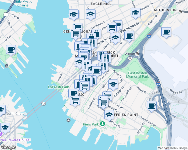 map of restaurants, bars, coffee shops, grocery stores, and more near 76 Chelsea Street in Boston