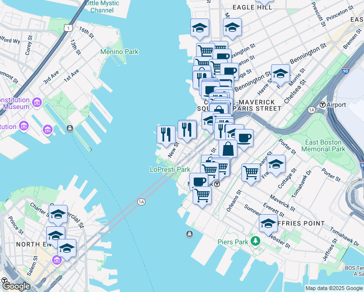 map of restaurants, bars, coffee shops, grocery stores, and more near 60 Border Street in Boston
