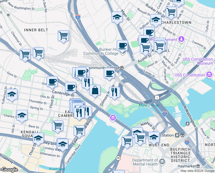 map of restaurants, bars, coffee shops, grocery stores, and more near 450 Water Street in Cambridge