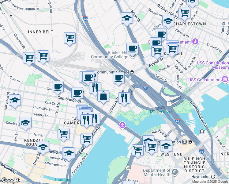 map of restaurants, bars, coffee shops, grocery stores, and more near 450 Water Street in Cambridge