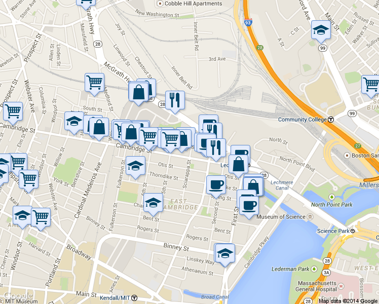 map of restaurants, bars, coffee shops, grocery stores, and more near 91 Gore Street in Cambridge