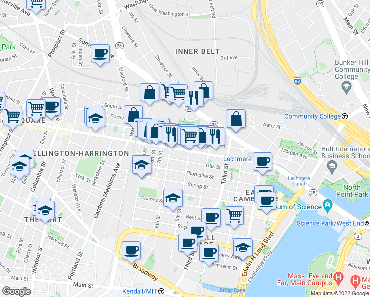 map of restaurants, bars, coffee shops, grocery stores, and more near in Cambridge