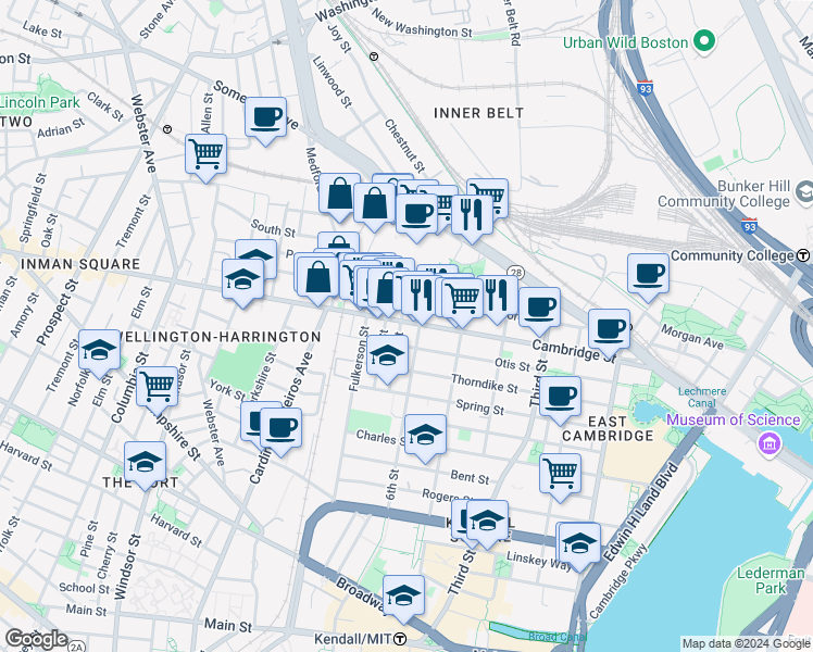 map of restaurants, bars, coffee shops, grocery stores, and more near 9 6th Street in Cambridge