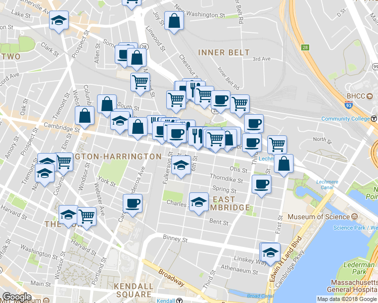 map of restaurants, bars, coffee shops, grocery stores, and more near 9 6th Street in Cambridge