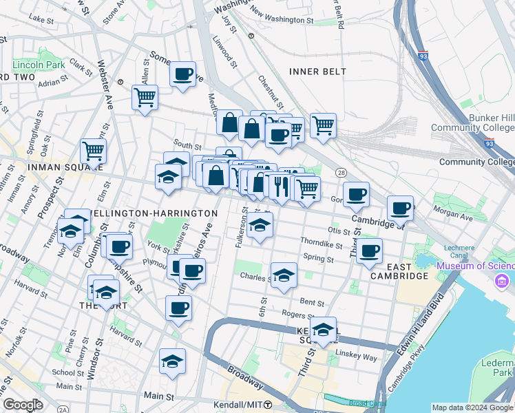map of restaurants, bars, coffee shops, grocery stores, and more near 621 Cambridge Street in Cambridge
