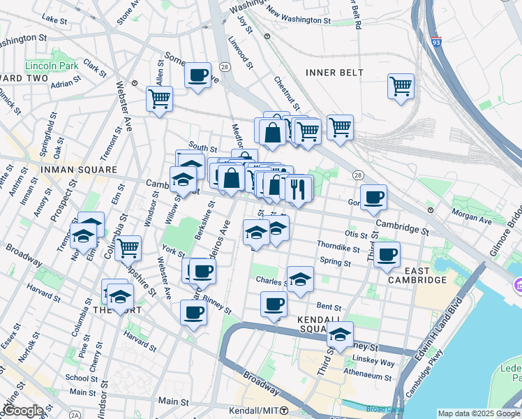 map of restaurants, bars, coffee shops, grocery stores, and more near 621 Cambridge Street in Cambridge