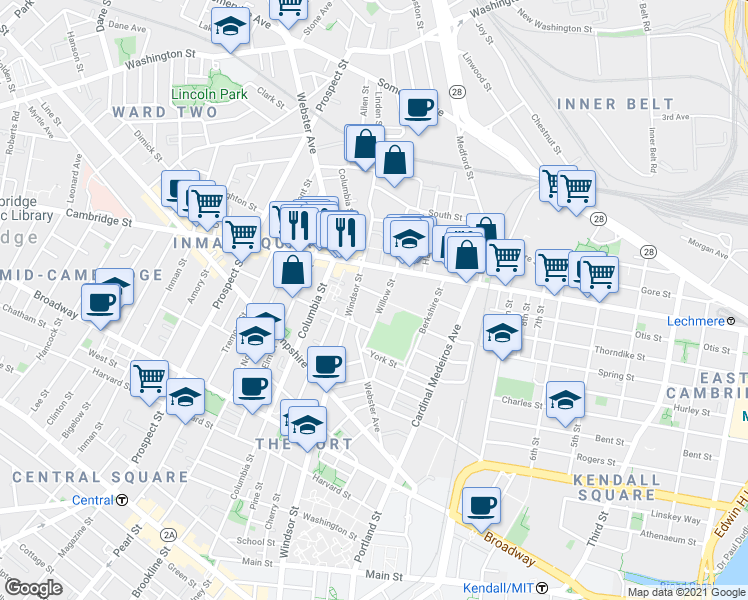 map of restaurants, bars, coffee shops, grocery stores, and more near 3 Palermo Street in Cambridge