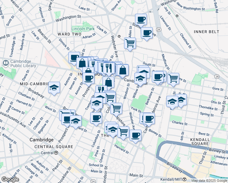 map of restaurants, bars, coffee shops, grocery stores, and more near 361 Columbia Street in Cambridge