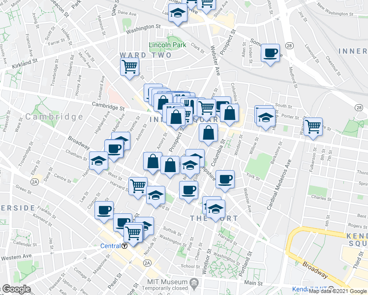 map of restaurants, bars, coffee shops, grocery stores, and more near 171 Hampshire Street in Cambridge