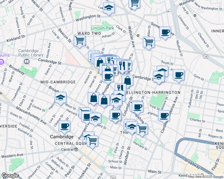 map of restaurants, bars, coffee shops, grocery stores, and more near 171 Hampshire Street in Cambridge