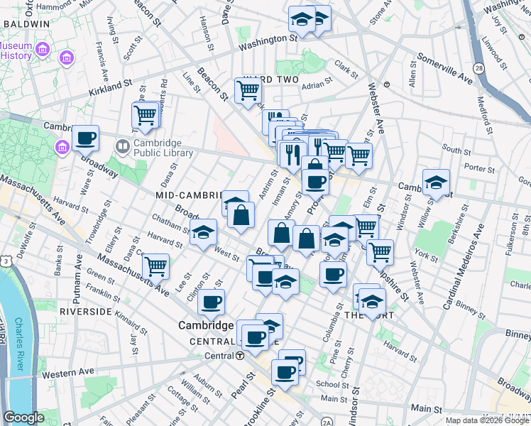 map of restaurants, bars, coffee shops, grocery stores, and more near 104 Inman Street in Cambridge