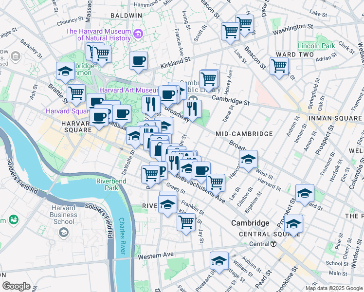 map of restaurants, bars, coffee shops, grocery stores, and more near 4 Trowbridge Place in Cambridge