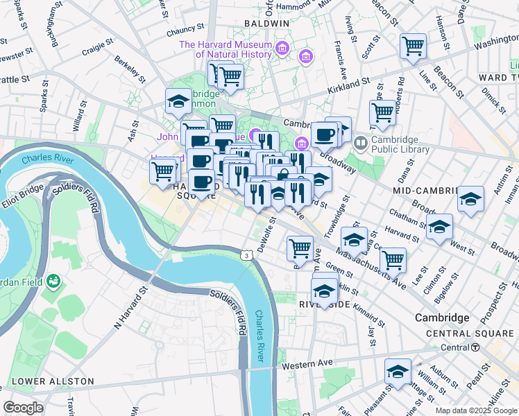 map of restaurants, bars, coffee shops, grocery stores, and more near 22 Plympton Street in Cambridge