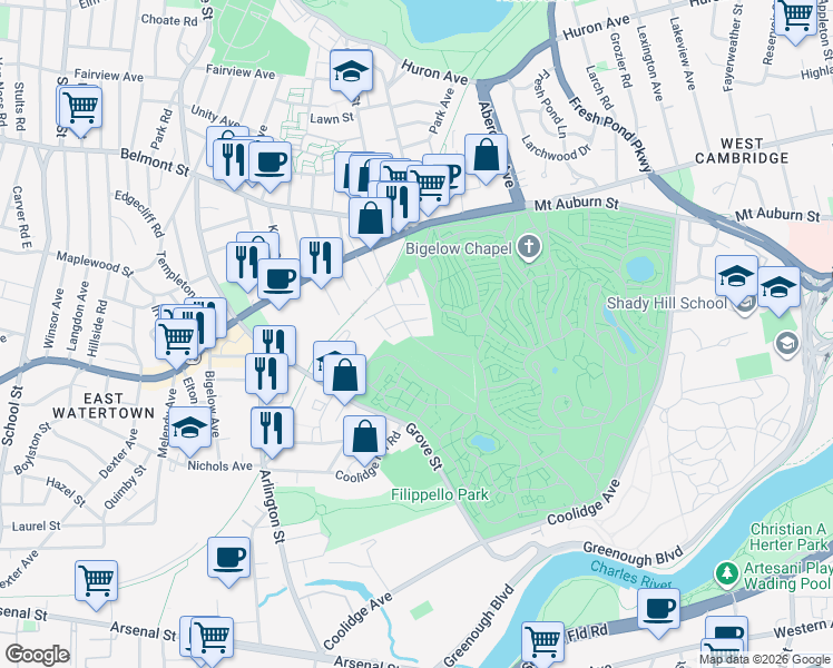 map of restaurants, bars, coffee shops, grocery stores, and more near 18 Sexton Street in Watertown