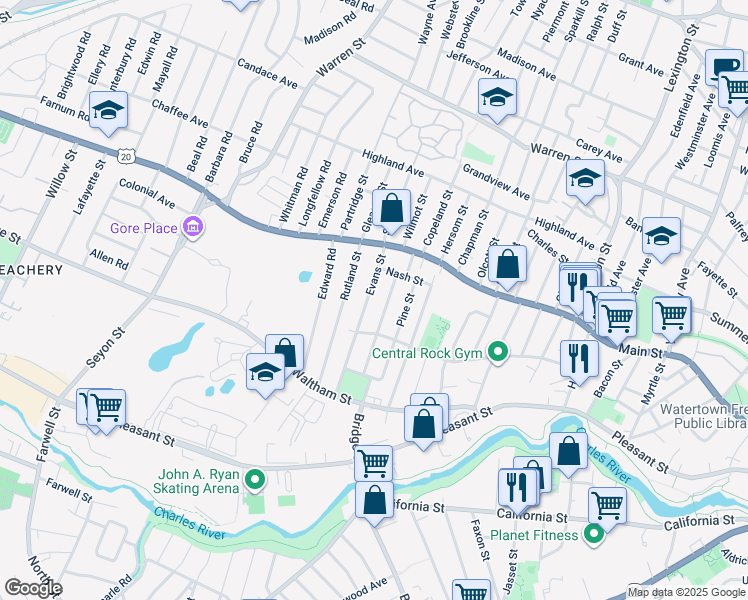 map of restaurants, bars, coffee shops, grocery stores, and more near 13 Bromfield Street in Watertown