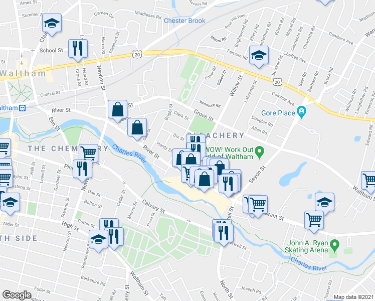 map of restaurants, bars, coffee shops, grocery stores, and more near 32 Dix Street in Waltham
