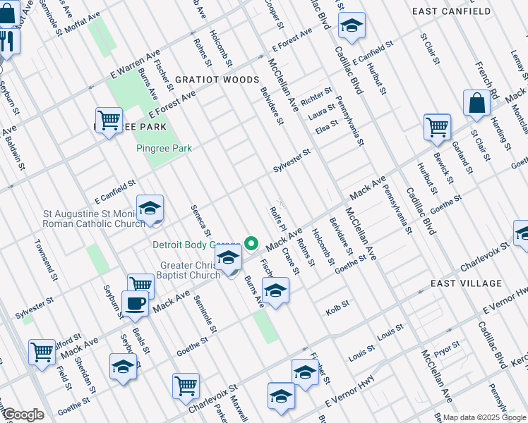 map of restaurants, bars, coffee shops, grocery stores, and more near 3842 Crane Street in Detroit