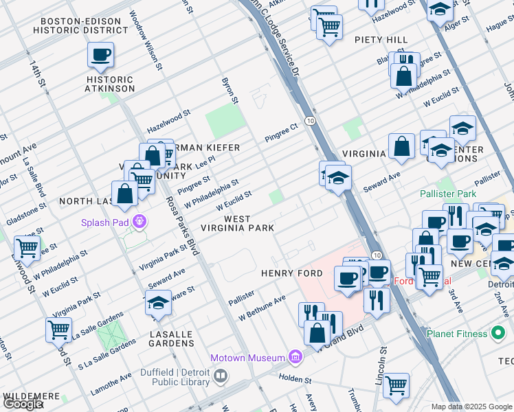 map of restaurants, bars, coffee shops, grocery stores, and more near 1481 West Euclid Street in Detroit