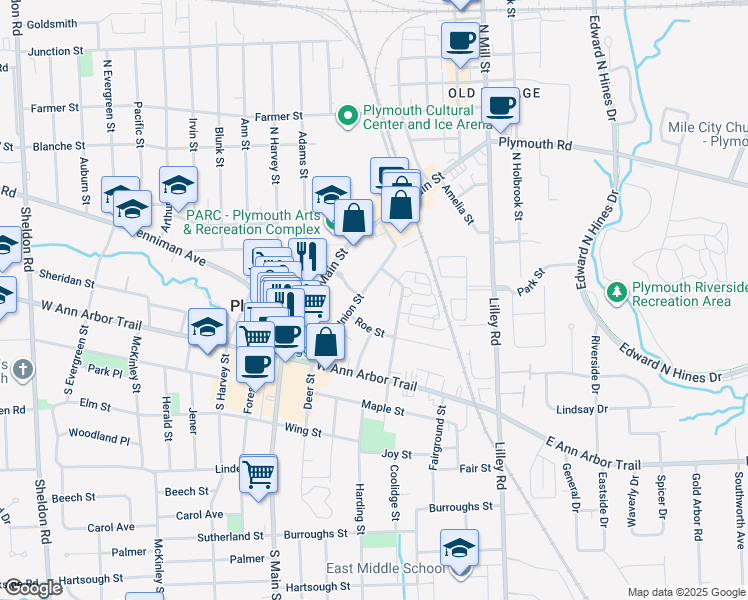 map of restaurants, bars, coffee shops, grocery stores, and more near 168 South Union Street in Plymouth