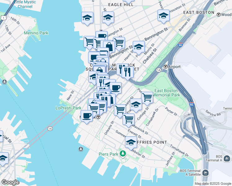 map of restaurants, bars, coffee shops, grocery stores, and more near 76 Chelsea Street in Boston