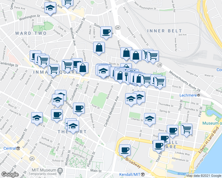 map of restaurants, bars, coffee shops, grocery stores, and more near Berkshire St & Marcella St in Cambridge