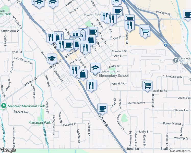 map of restaurants, bars, coffee shops, grocery stores, and more near 300 Ash Street in Central Point