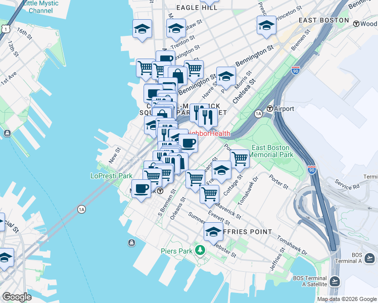 map of restaurants, bars, coffee shops, grocery stores, and more near 76 Chelsea Street in Boston