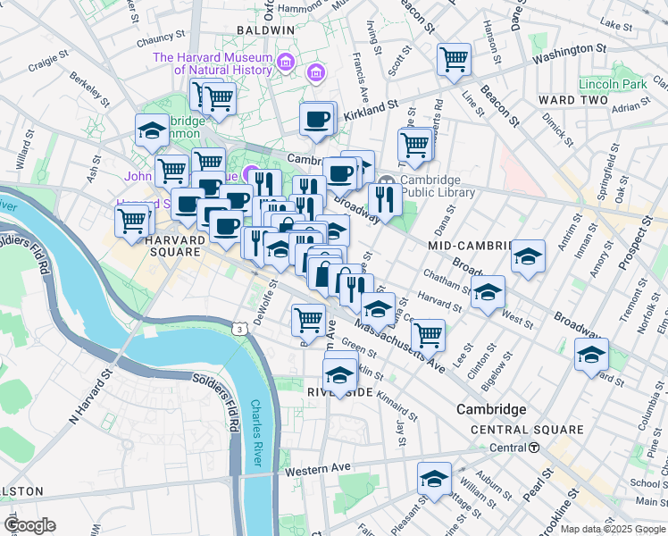 map of restaurants, bars, coffee shops, grocery stores, and more near 400 Harvard Street in Cambridge