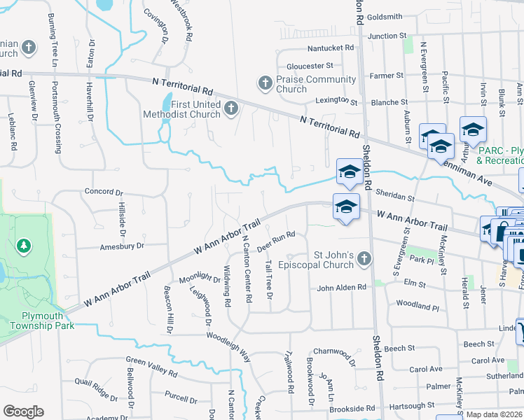 map of restaurants, bars, coffee shops, grocery stores, and more near 12400 Woodgate Drive in Plymouth